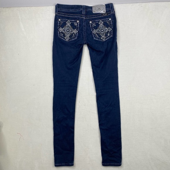 Miss Me Skinny Low-rise Bling Cross Back Pocket Stretch Dark Wash Rodeo Jean-26 - Picture 4 of 8